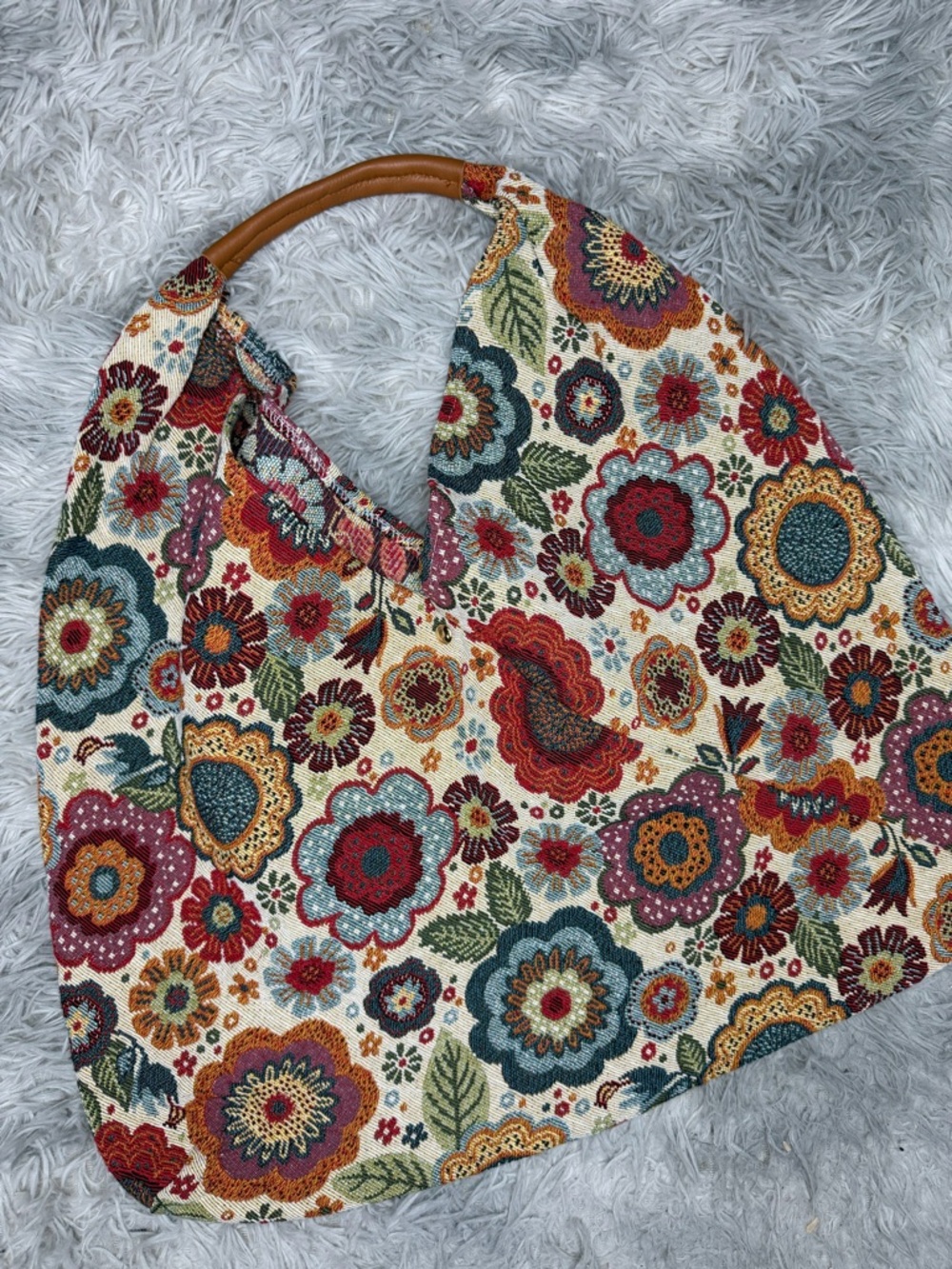 Italian Tapestry Floral Hobo Bag Faux Leather Handle Boho Cotton